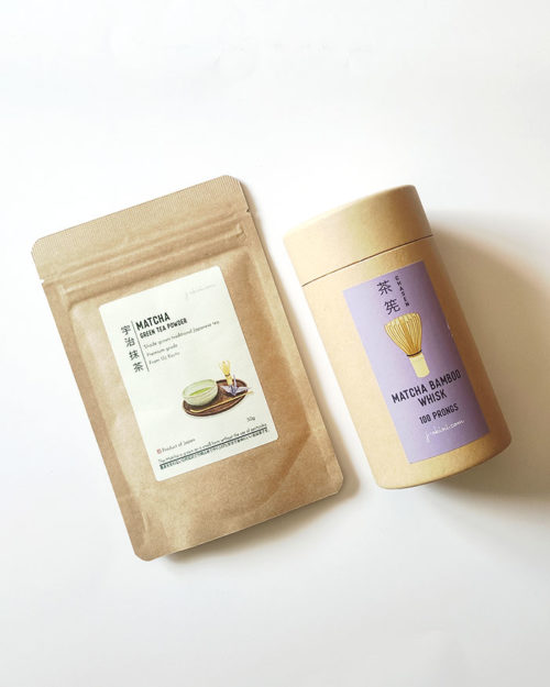 Uji Matcha 30g with matcha whisk in a craft tube. Available at j-okini.com in malta