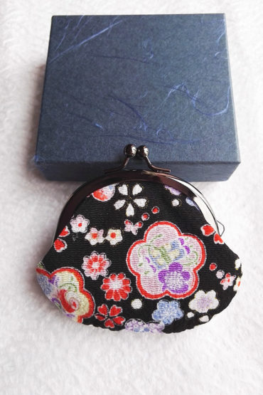 Coin Purse [ Made in Japan ] Traditional Edo Komon Design Small Change  Pouch Cherry blossom (Black)