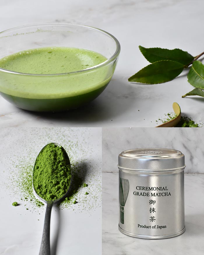 Ceremonial grade matcha Miyabi with a Matcha powder in a spoon, prepared Matcha and Matcha with a silk-screen printed design,