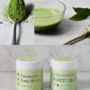 Ceremonial grade matcha with a Matcha powder in a spoon, prepared Matcha and Matcha tins