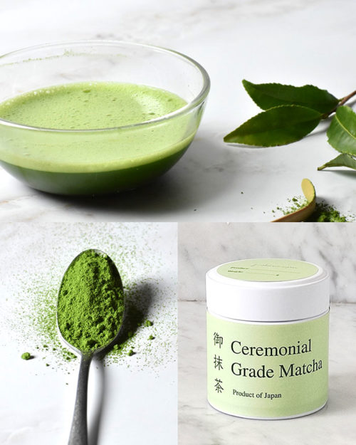 Ceremonial grade matcha Miyabi with a Matcha powder in a spoon, prepared Matcha and Matcha tins