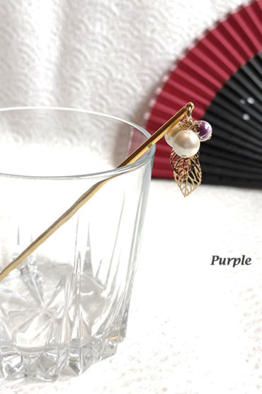 Kanzashi-hair-stick-pearl-&-leaves-purple