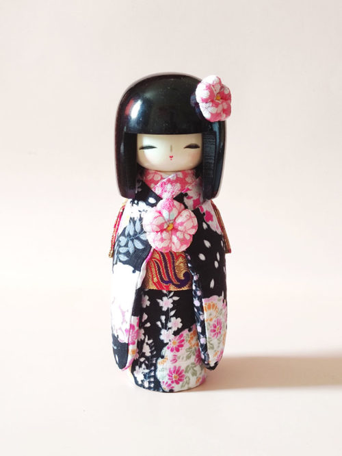 Creative Kokeshi doll Kyo Bijin in black fabric kimono by Miyagawa Yuichi. j-okini.com in Malta