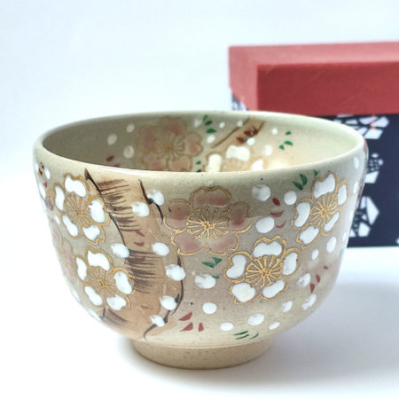 Kiyomizu-ware Handmade Matcha bowl Sakura fubuki, Available at j-okini.com in Malta