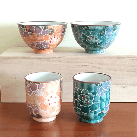Arita ware Rice bowls and Tea cups gift set Botan Peony