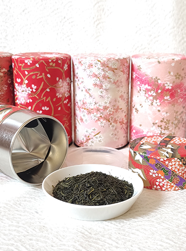 Japanese sencha tea in a tin covered with Washi