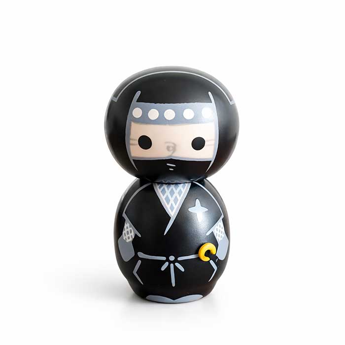 Handmade Japanese Creative Kokeshi doll Ninja Black by award-winning artist Chie, featuring a black ninja holding a realistic katana sword.
