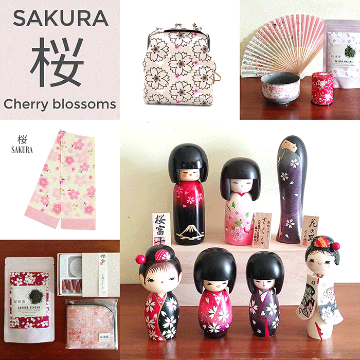 April themed Japanese products kokeshi dolls Sakura items Sakura scarves Sakura bags