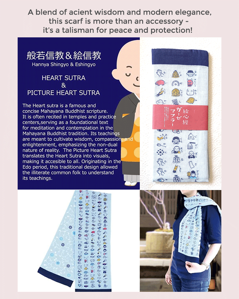 Embrace tranquility and style with our Japanese Soft Gauze Cotton Scarf, featuring the timeless 'Picture Heart Sutra'. A blend of ancient wisdom and modern elegance, this scarf is more than an accessory—it's a talisman for peace and protection. Perfect for those who cherish deep meaning in every piece they wear.. Available at j-okini.com in Malta