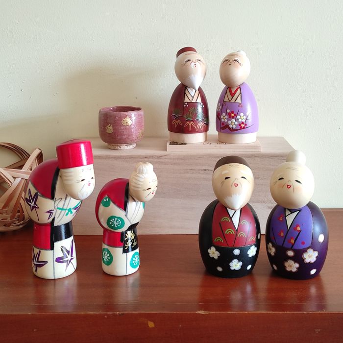 Handmade Japanese Kokeshi dolls old couples wooden dolls available at j-okini.com in Malta