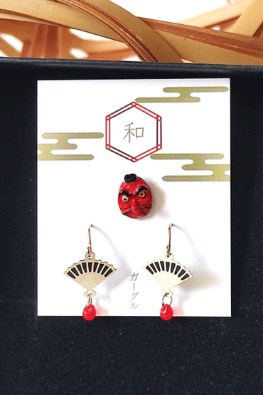 Japanese Mask (Kitsune or Tengu) & Fan Earrings Set