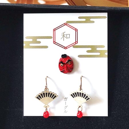 Japanese Mask (Kitsune or Tengu) & Fan Earrings Set