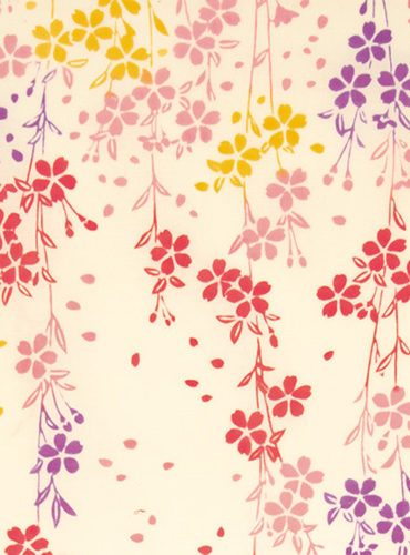 Hand-dyed Tenugui featuring weeping cherry blossoms in four colors and a couple in kimono standing on a bridge, shown in gray tones. j-okini.com in Malta