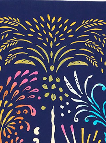 Chusen-dyed Tenugui featuring a playful design of cats with beer, foam, and colorful fireworks on a deep navy background. Versatile Japanese hand towel, approximately 30 cm x 90 cm, perfect for decorative or practical use.