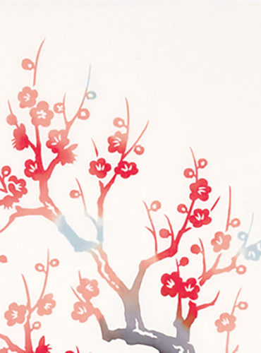 33cm x 90cm hand-dyed Tenugui with plum blossoms and a pair of Mandarin ducks floating on a pond, perfect for wall decoration or daily use. Available at j-okini.com in Malta