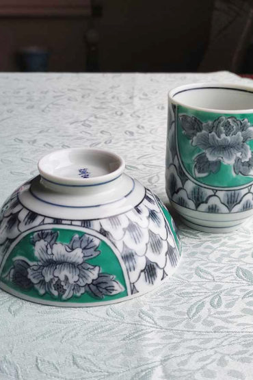 Banko-yaki Yunomi Cup & Japanese Rice bowl | Green Peony