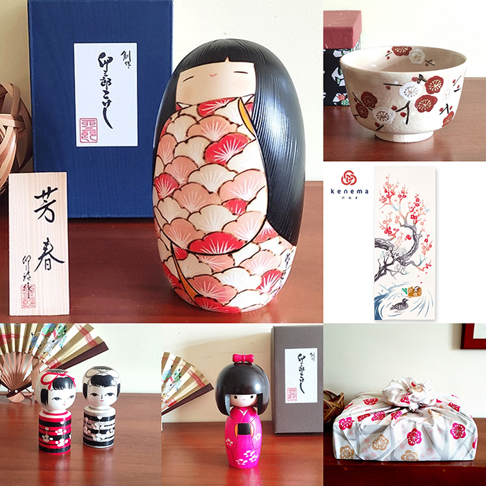 Japanese kokeshi dolls, Matcha bowl, Furoshiki and Tenugui featuring Ume plum blossoms.