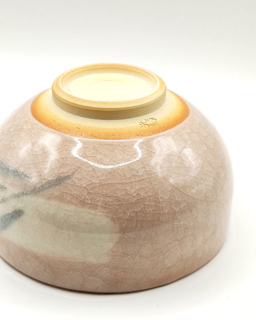 Kiyomizu-ware handmade Matcha bowl by Okayama Kousha, featuring a warm light coral and skin-tone hue with a delicate cracked-glass pattern. Tube-shaped for excellent heat retention, with unique random grey accents on the front. Stamped at the bottom. Made in Japan. Available at j-okini.com in Malta