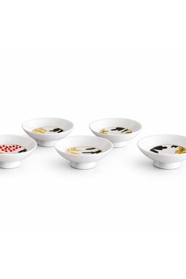 A 5-piece Sakazuki sake cup set featuring Red Fuji with intricate designs of cherry blossoms, waves, and autumn leaves, accented in gold and red for an elegant, celebratory touch. Available at j-okini.com in Malta