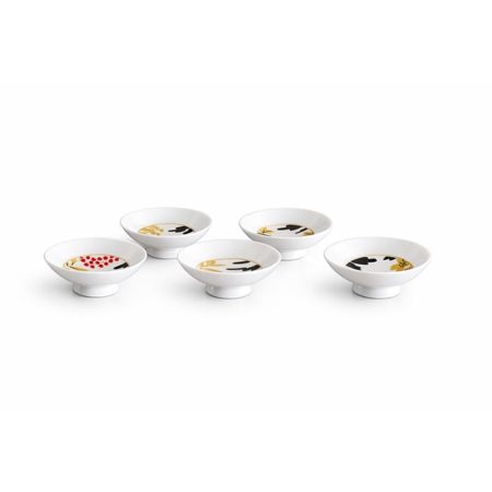 A 5-piece Sakazuki sake cup set featuring Red Fuji with intricate designs of cherry blossoms, waves, and autumn leaves, accented in gold and red for an elegant, celebratory touch. Available at j-okini.com in Malta