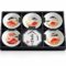 A 5-piece Sakazuki sake cup set featuring Red Fuji with intricate designs of cherry blossoms, waves, and autumn leaves, accented in gold and red for an elegant, celebratory touch. Available at j-okini.com in Malta