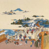 A luxurious Chirimen Furoshiki featuring Utagawa Hiroshige’s iconic ukiyo-e print of Nihonbashi from The Fifty-Three Stations of the Tōkaidō, depicting a vibrant morning scene in Edo-period Japan, woven with a textured crepe surface for an elegant finish. Available at j-okini.com in Malta