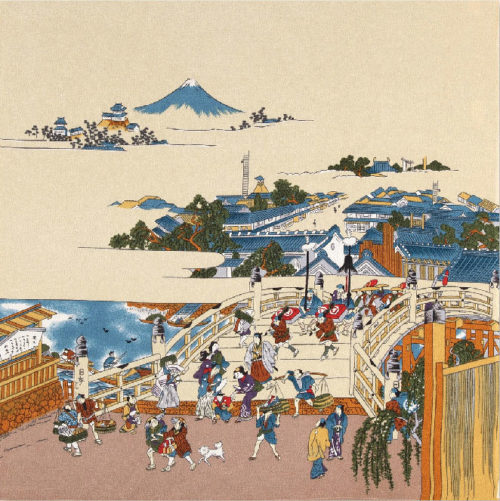 A luxurious Chirimen Furoshiki featuring Utagawa Hiroshige’s iconic ukiyo-e print of Nihonbashi from The Fifty-Three Stations of the Tōkaidō, depicting a vibrant morning scene in Edo-period Japan, woven with a textured crepe surface for an elegant finish. Available at j-okini.com in Malta