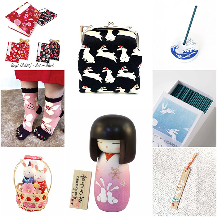 Bunny pattern Kyoto cross body bag, Kokeshi doll, Japanese incense,, bamboo bookmark, 5 toes socks, Goshuincho notebook sketchbook. Available at j-okini.com in Malta