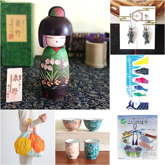 A selection of Japanese items related to May traditions: a Kokeshi doll, a Tenugui towel with koinobori motifs, Koinobori (carp streamer) earrings, Koinobori origami, and iris-themed items.
