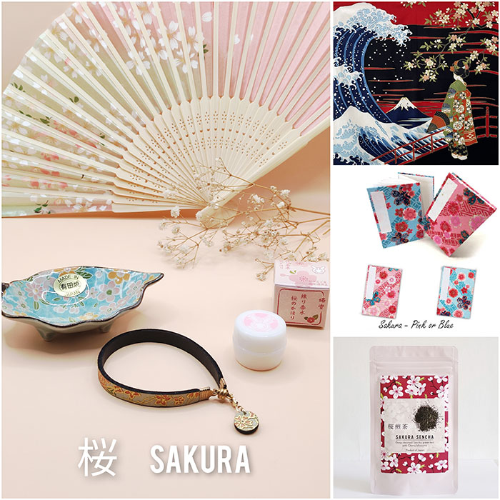 Sakura themed products including hand fan, handmade leather bracelet, arita ware leaf shaped plate, Japanese solid perfume, Sakura Sencha, Goshuincho notebook sketchbook,, Chirimen Furoshiki Maiko with Sakura and wave. Available at j-okini.com in Malta