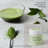 Ceremonial grade matcha with a Matcha powder in a spoon, prepared Matcha and Matcha tins