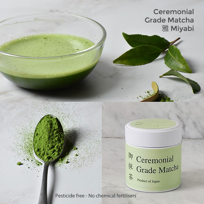 Ceremonial grade matcha with a Matcha powder in a spoon, prepared Matcha and Matcha tins