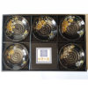 Black porcelain plate set of 5 with a spiral-carved surface and gold and silver painted seasonal motifs. Japanese Mino-yaki plate set