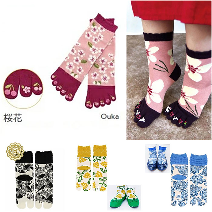 Tabi socks with sakura and other floral patterns