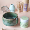 Matcha tea set with a Shakugama chawan, ceremonial Matcha tea, bamboo wihisk and scoop,, whisk stand in mint, and matcha tea sifter
