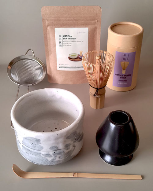 Japanese Matcha tea set with bowl, whisk, scoop, sifter, and Matcha powder – available in Malta