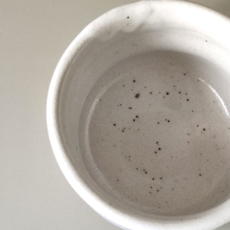 Interior view of Japanese Mino ware white Shino Matcha bowl with subtle speckled glaze, handcrafted ceramic tea bowl. Available at j-okini.com in Malta