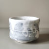 Handcrafted tall white Shino Matcha bowl (白志野抹茶碗) with grey brush-like patterns, Mino ware ceramic from Japan, 10.8cm diameter.. Available at j-okini.com in Malta