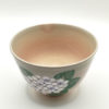Kiyomizu-ware Matcha Bowl Ajisai by Kahou Nakamura with hand-painted hydrangea, gold-outlined leaves, and natural Gohonte pink patterns. Available at j-okini.com in Malta