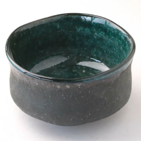 Tube-shaped chawan with Asagi-iro glaze inside and dark grey outside. Malta
