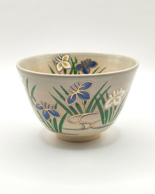 Kiyomizu ware matcha bowl with iris flowers, golden accents, and Gohonte pink blush, handcrafted by Kahou Nakamura II of Tofuku Kiln. j-okini.com in Malta