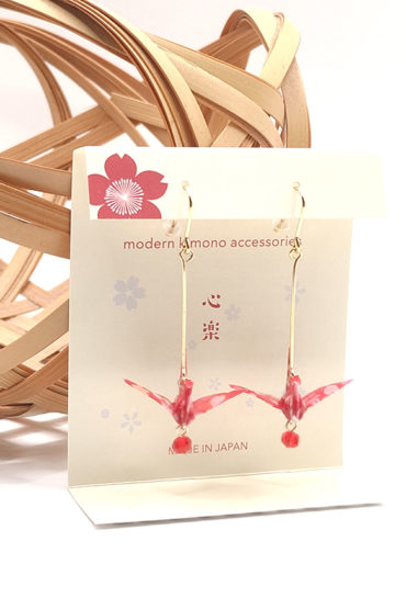 Handmade Japanese Chiyogami earrings with crane motif and red glass bead. Available at j-okini,.com in Malta.