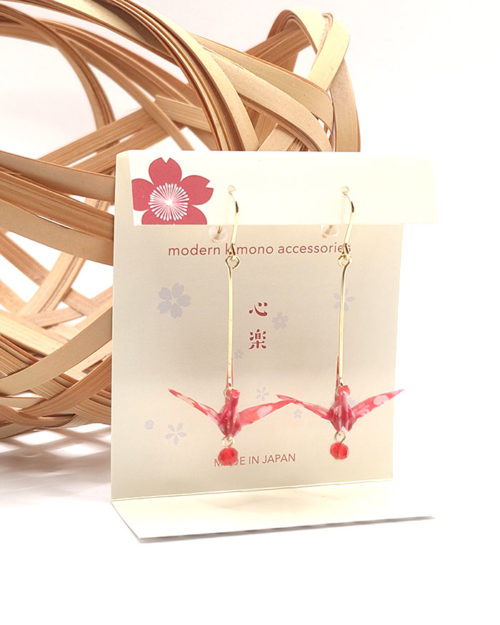 Handmade Japanese Chiyogami earrings with crane motif and red glass bead. Available at j-okini,.com in Malta.