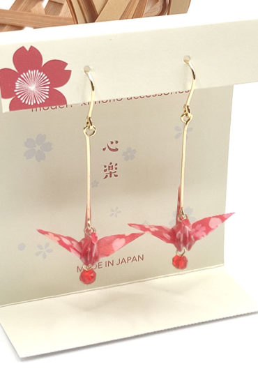 Tsuru motif Japanese washi paper earrings with red bead