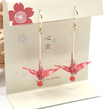 Tsuru motif Japanese washi paper earrings with red bead