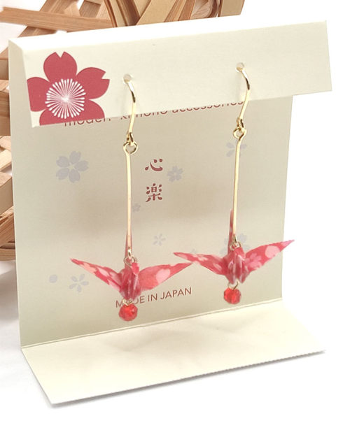Tsuru motif Japanese washi paper earrings with red bead