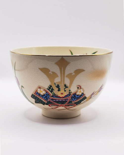 Vintage handmade Matcha bowl with kabuto samurai helmet and Japanese iris design, gold rim, signed by artist Tōsei.. Available at j-okini.com in Malta