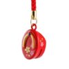 Small red Pokkuri bell netsuke shaped in traditional Japanese wooden clogs. Japanese accessory available at j-okini.com in Malta