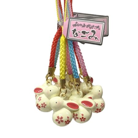 Lucky rabbit bell charm with sakura motif, Japanese netsuke. Available at j-okini.com in Malta