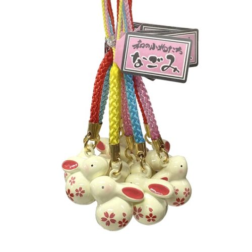 Lucky rabbit bell charm with sakura motif, Japanese netsuke. Available at j-okini.com in Malta